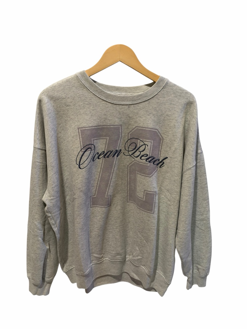 Hollister Grey Crewneck Sweatshirt with Navy Script and Faded Lilac '72'